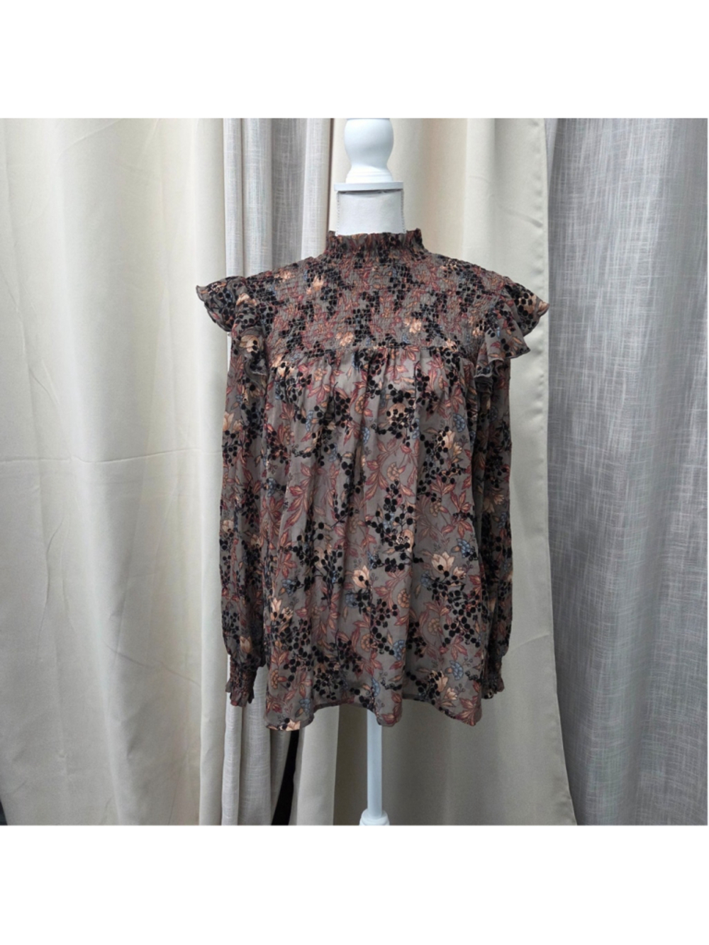 Taupe Floral Smocked Mock Neck Blouse Ruffle Velvet Flocked Long Sleeve EUC